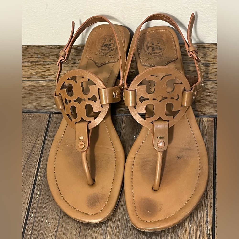 Tory Burch Tan Leather Miller Logo Thong Sandals